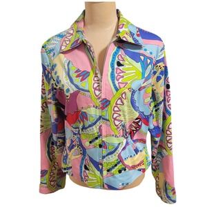 Nicole Max Zip Up Jacket L Bright Retro Psychedelic Paisley Boxy Cropped Y2K Mod